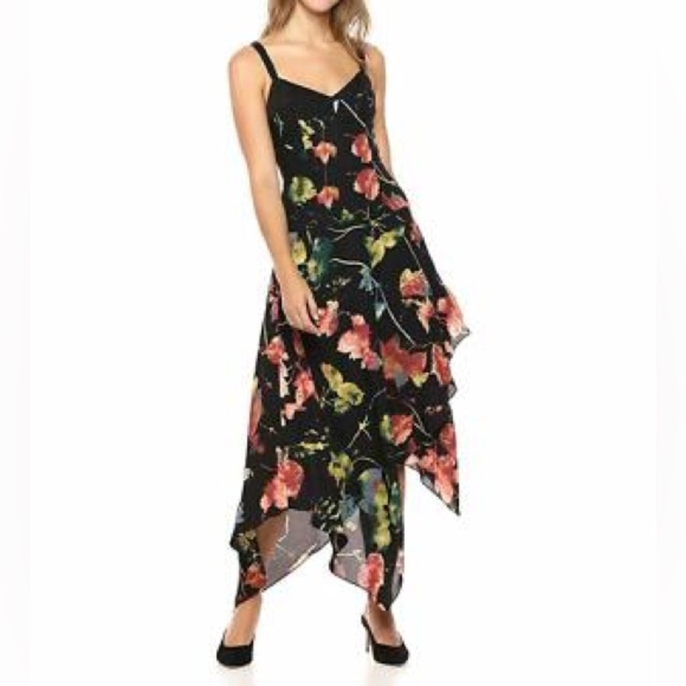 BCBGMaxAzria Black Floral Asymmetrical Dress